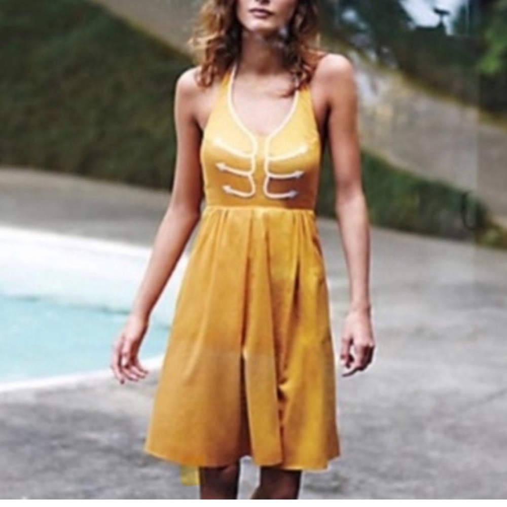Anthropologie/ Floreat Yellow Gold Halter Sundress Midi